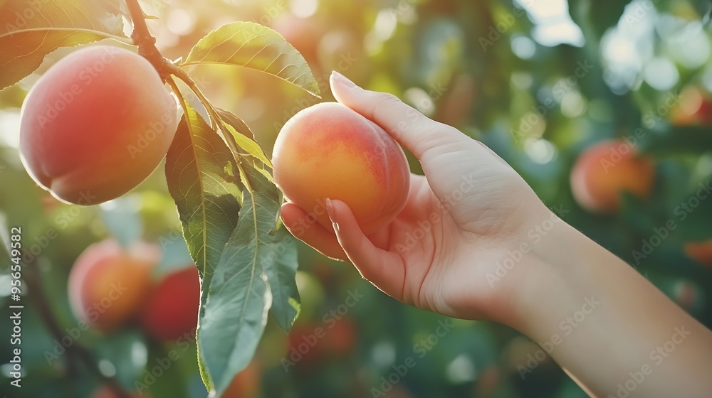 Poster harvesting peaches female hand touching fresh ripe peach on branch of peach tree in orchard : genera