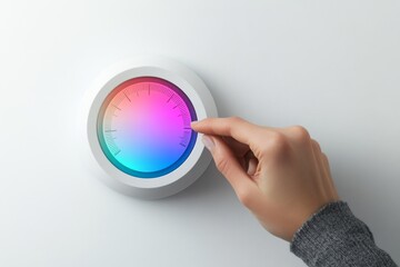 a person's hand is turning the thermostat dial on a sleek white radiator, the thermostat display shows a gradient of red to blue to denote temperature, no numerical values are shown illustration
