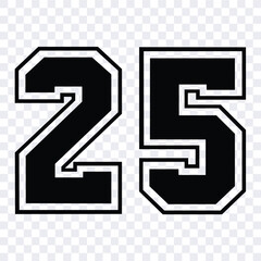 Sketch numbers for cutting or print.
Sport jersey number 25 vector black color template isolated.