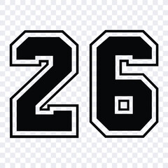 Sketch numbers for cutting or print.
Sport jersey number 26 vector black color template isolated.