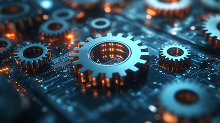 3D of gears, symbolizing mechanics, technology, and efficiency.