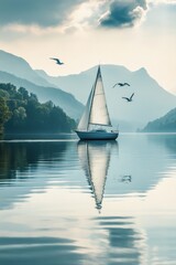Obraz premium a sailboat gliding smoothly across a calm lake with a few seagulls flying overhead