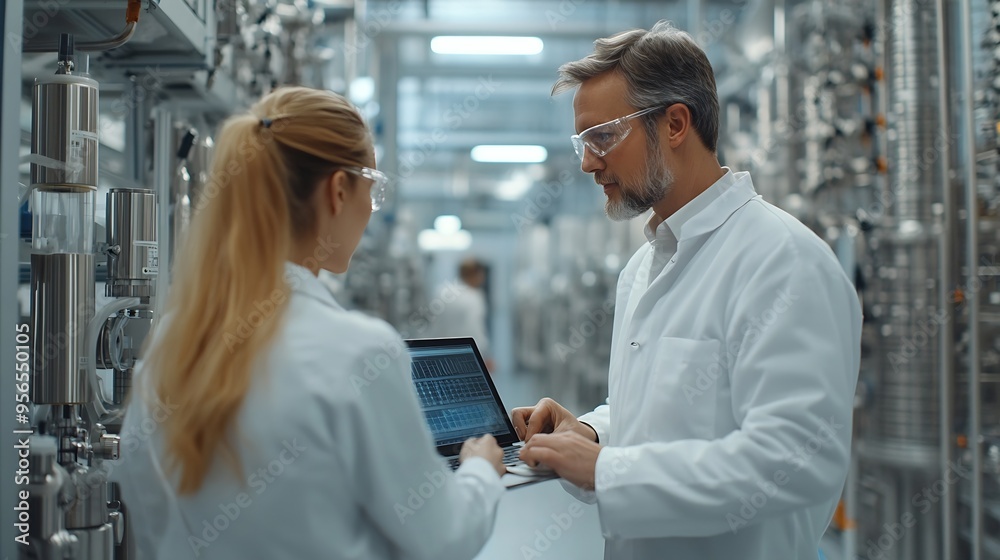 Poster Middle Aged Engineer and Female Scientist Standing with Their Back Using Laptop Computer and Talking in a Factory Facility with Equipment Producing Modern Technical Devices for Differe : Generative AI