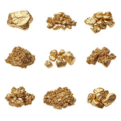 Obraz premium Various natural gold nuggets arranged artistically on a transparent background, showcasing the beauty and allure of gold.