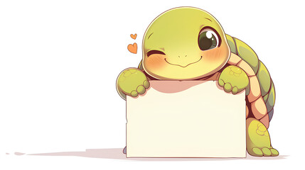 Naklejka premium cute turtle holding up a blank sign, colorful cartoon character, empty banner,, anime style, cute kawaii, simple, smiling happy. isolated background