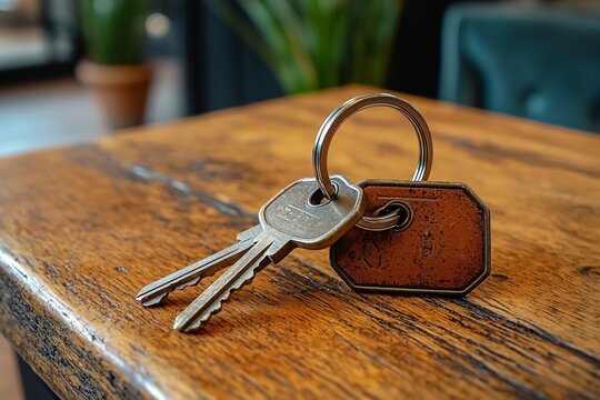 Keys on a wooden table symbolize new beginnings in real estate, ideal for mortgage or rental marketing materials. Business-focused image with copy space.