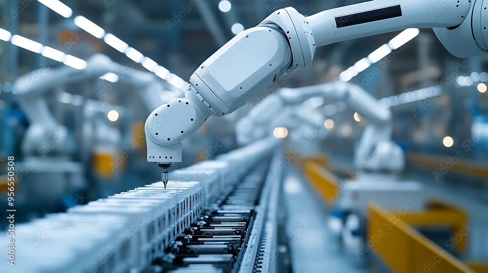Aufkleber row of white robotic arms at automated production line at factory electric car manufacturing line in