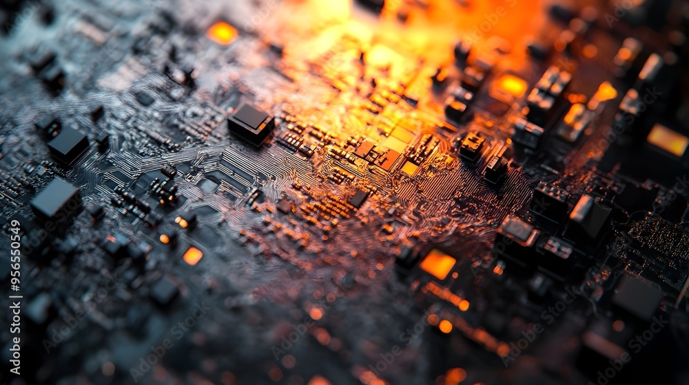 Poster macro photograph highlighting the intricate microstructure and complex design of a semiconductor int