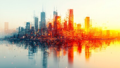 Fototapeta premium Digital illustration of a vibrant city skyline with a double exposure effect, ideal for business presentations, architecture firms, and engineering projects with copy space.