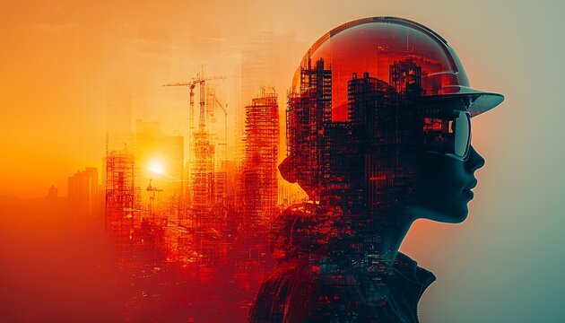 A digital illustration showcasing construction engineering with architect and worker silhouettes. Ideal for business presentations and construction events.