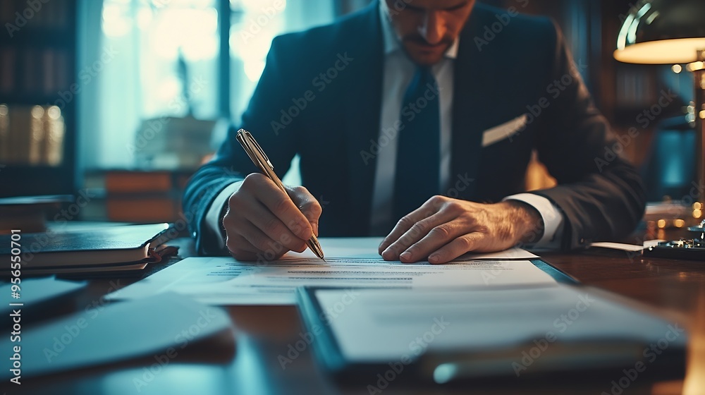 Aufkleber Lawyer sits in office with litigation contract documents attorneys draft contracts and legal terms for clients for litigation fair and transparent litigation Lawyer concept and litigat : Generative AI