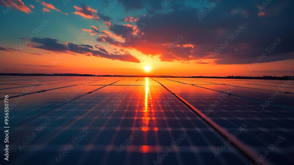Poster solar panel against sunset sky background photovoltaic alternative electricity source idea for susta