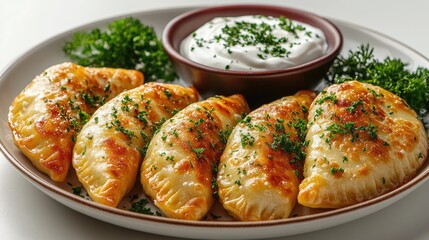 Polish pierogi dumplings with sour cream on a white background