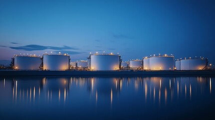 Naklejka premium Group of white storage fuel tanks with light and shadow on surface in oil industrial area against blue clear sky background in the evening : Generative AI