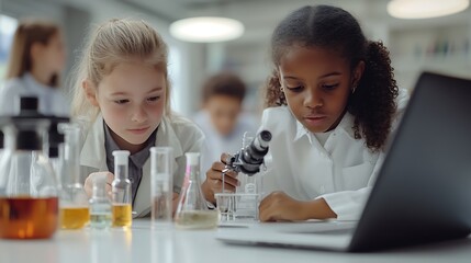 Students learning in science classroom Focused young students experiment with chemicals using flasks and test tubes with microscope and laptop on clean white desk in classroom : Generative AI