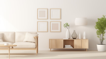 Minimalist Living Room With Light Wood Furniture And Green Plant Decor