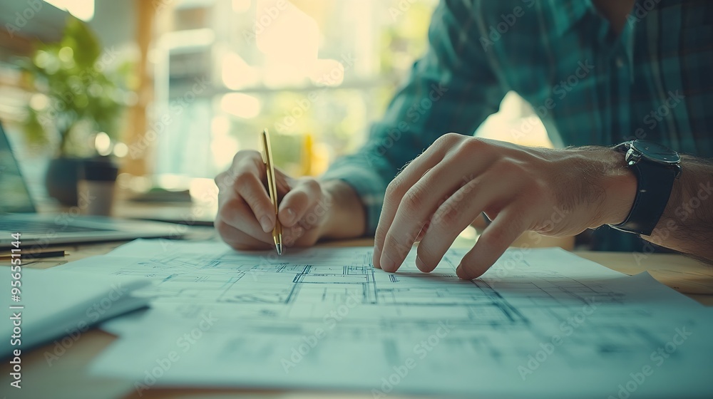Fototapete hands business people and blueprint for architect design idea and floor plan in meeting office docum