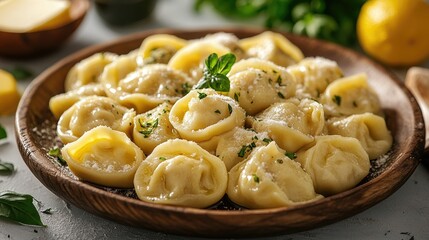 Russian pelmeni dumplings with butter on a white background