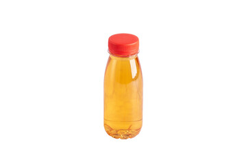 Bottle with brown yellow liquid isolated on white
