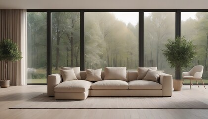 Mid center tufted sofa at Minimalist home interior design of modern living room.