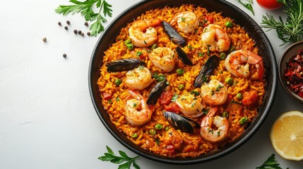 Spanish paella with saffron rice and seafood on a white background