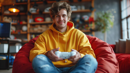 Happy young adult playing videogames at home, sitting on a comfortable red beanbag chair in his living room