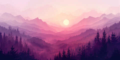 Obraz premium Pink and purple sunset over mountain ridges with a tranquil and serene atmosphere.