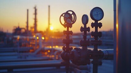 Industrial equipment against clear sky at oil refinery during sunset : Generative AI