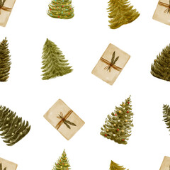 Watercolor Christmas Gift Seamless Pattern.