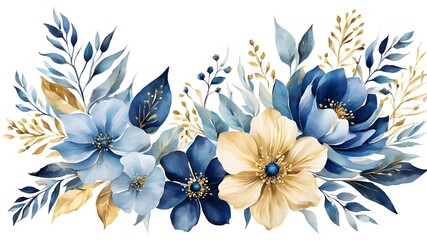 Blue and gold flower on white background. Watercolor abstract romantic floral background. Frame or border for design greeting card, wedding invitation, poster, banner. With copy space