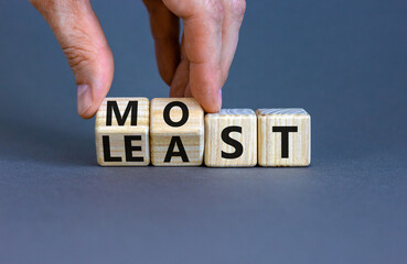 Most or least symbol. Businessman turns beautiful wooden cubes and changes the word Least to Most. Beautiful grey table grey background. Copy space. Business and most or least concept.