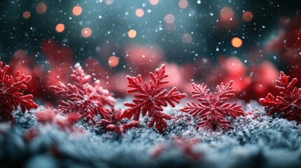 Christmas-themed winter scene with red and green snowflakes softly glistening.