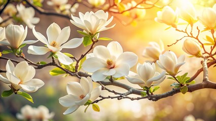 Obraz premium Serene white magnolia tree blooms against a soft, creamy background, its delicate petals and robust branches exuding elegance and tranquility in a peaceful summer scene.