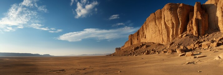 An expansive desert scene featuring a broad sandy landscape with imposing rocky cliffs under a...