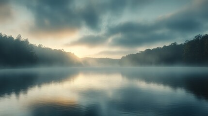 Fototapeta premium Early morning fog and smoke blend over a tranquil lake, creating a serene and mystical atmosphere in the quiet hours of dawn