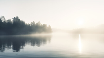 Fototapeta premium Foggy Morning Over Still Lake with Pine Trees
