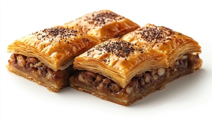 Turkish baklava with layers of pastry and nuts on a white background