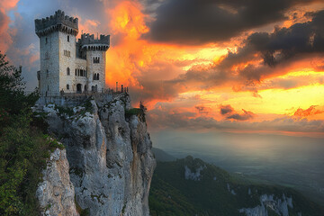 Obraz premium A Majestic Stone Castle Perched on a Cliff, Bathed in the Golden Hues of a Dramatic Sunset.