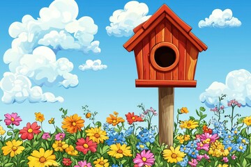A Wooden Birdhouse Surrounded by Blooming Flowers