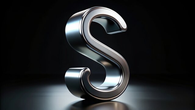 Shiny metallic double S letter sculpture with smooth curves and reflective surface, standing upright on a sleek modern black background with subtle shadows.