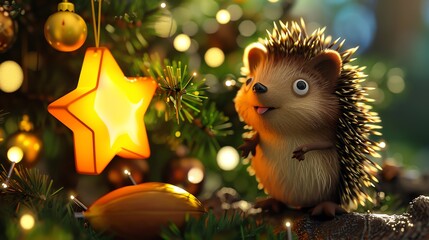 A cute hedgehog is standing in front of a lit up Christmas tree.