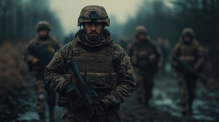 Fototapeta premium Soldiers in camouflage conducting a military operation in a forest