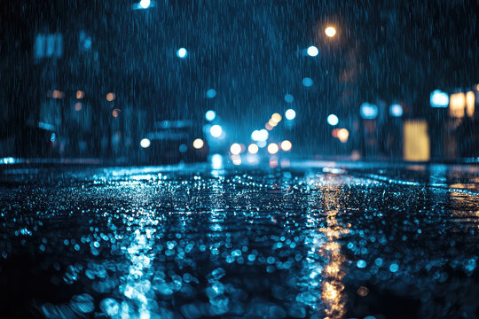 A symphony of blue and gold: Rain-soaked city streets shimmer under the glow of distant lights, creating a captivating spectacle of urban nature.