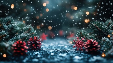 Christmas-themed winter scene with red and green snowflakes softly glistening.