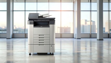 sleek, black, and silver copier machine standing alone on a floor against a blurred white background, ready for high-quality document duplication.
