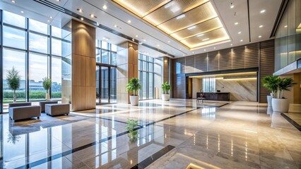 Sleek, high-ceilinged lobby with polished marble floors, minimalist decor, and floor-to-ceiling windows bathing the space in natural light, perfect for modern commercial settings.