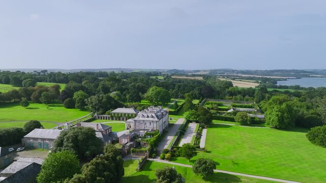 Antony House from a drone, Woodland Garden and Woodland Walk, Torpoint, Cornwall, England