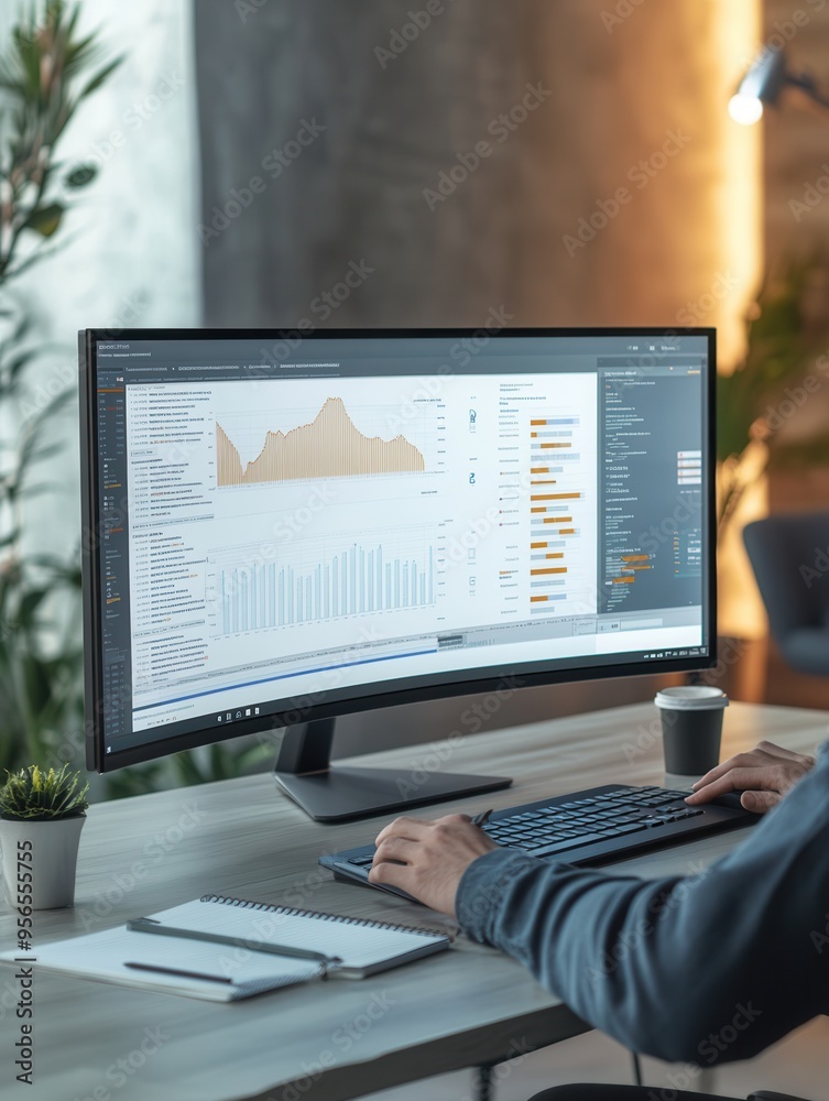 Poster an expert focused on analyzing data on a large monitor while working at a neatly organized desk with