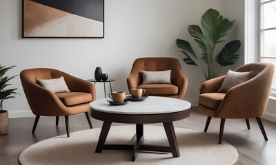 brown lather armchair with a coffee table and a large picture on the wall