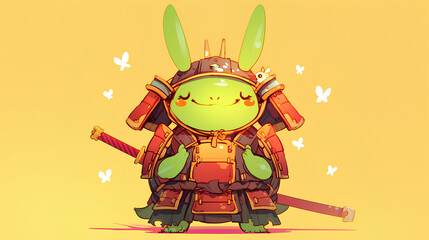 Cute turtle wearing Japanese samurai armor, cool poses, cute kawaii, simple, smiling happy. neon psychedelic background